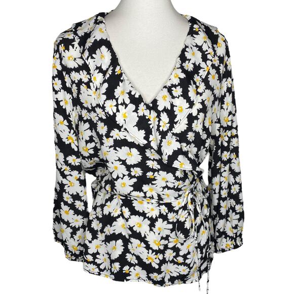 GAP Wrap Front Daisy Print Ruffle Top Black Floral Blouse XL Cottagecore Peasant - Picture 1 of 16